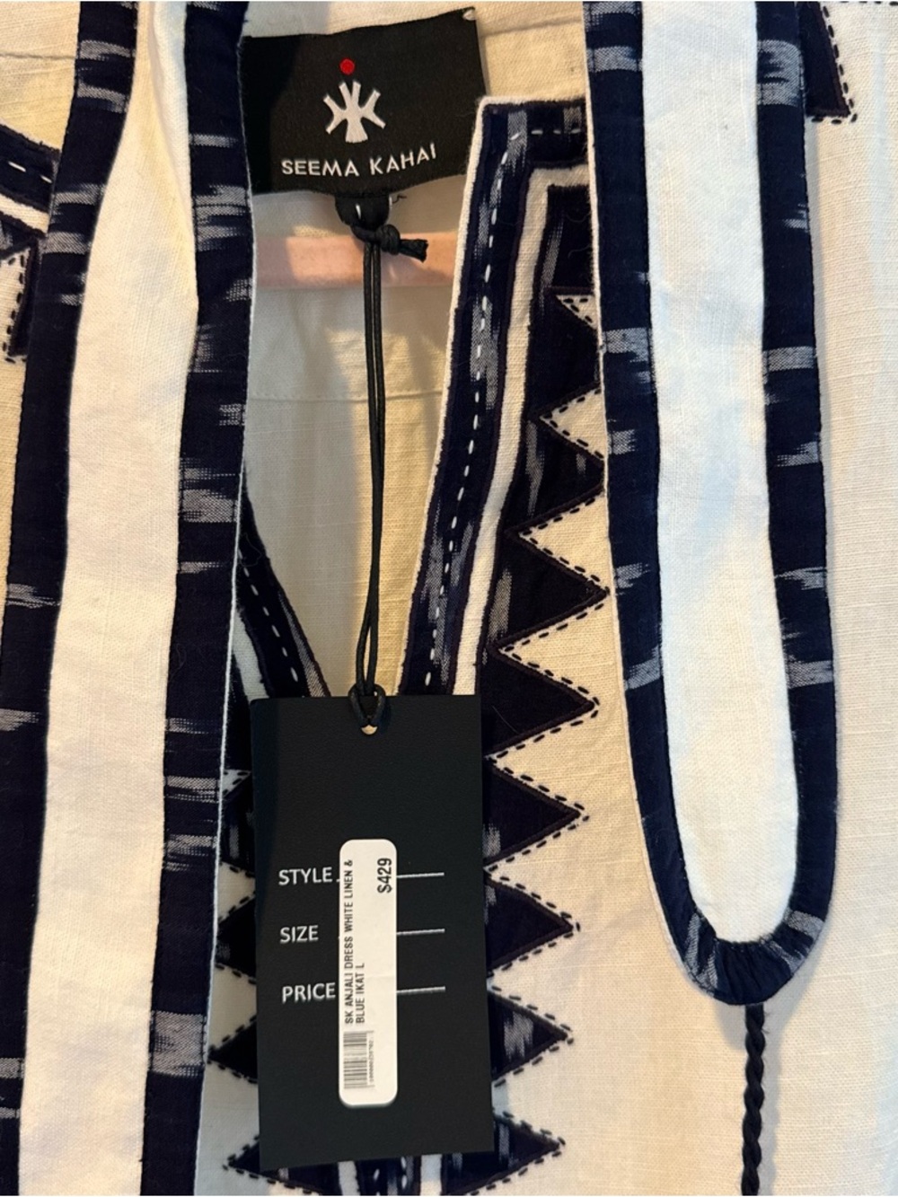 NWT Seema Kahai White & Navy Blue Linen Anjali Dress | L - Picture 3 of 5